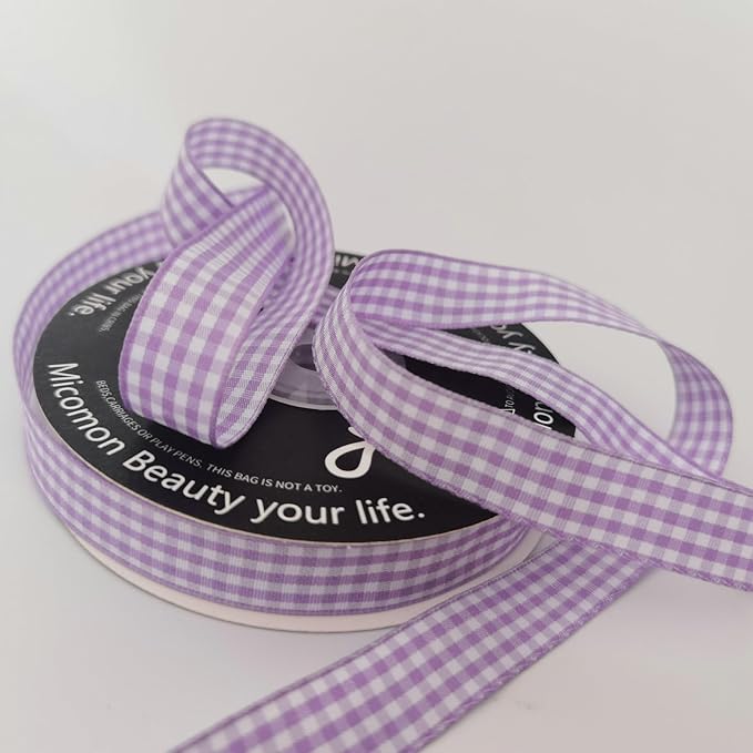 Purple Gingham Plaid Checked Ribbon 25 Yards Each Roll 100% Polyester (5/8",Purple)