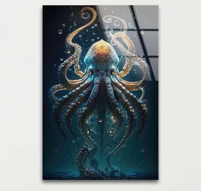 My Photostation.com 27Wx43H'' Underwater Blue Octopus Glass Wall Art Tempered Glass Printing Wall Decor Large Wall Art Wall Hangings