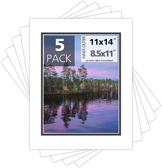 Mat Board Center, Double Mat - Acid Free, 8-ply Thickness, White Core - for Pictures, Photos, Framing (White Over Black, 11x14 for 8.5x11, Pack of 5)