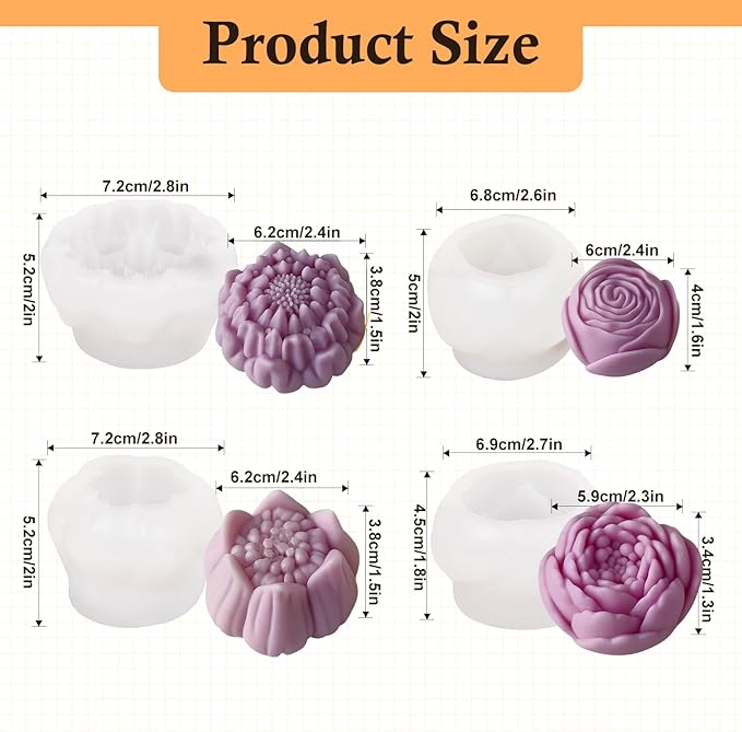 4pcs Large Flower Silicone Candle Molds,Reusable 3D Mold for Soap, Baking, Chocolate, Ice, Wax Resin Crafts, Rose Lotus Hibiscus Peony, Non-Stick, Easy Release Clean, DIY Gift for Bakers