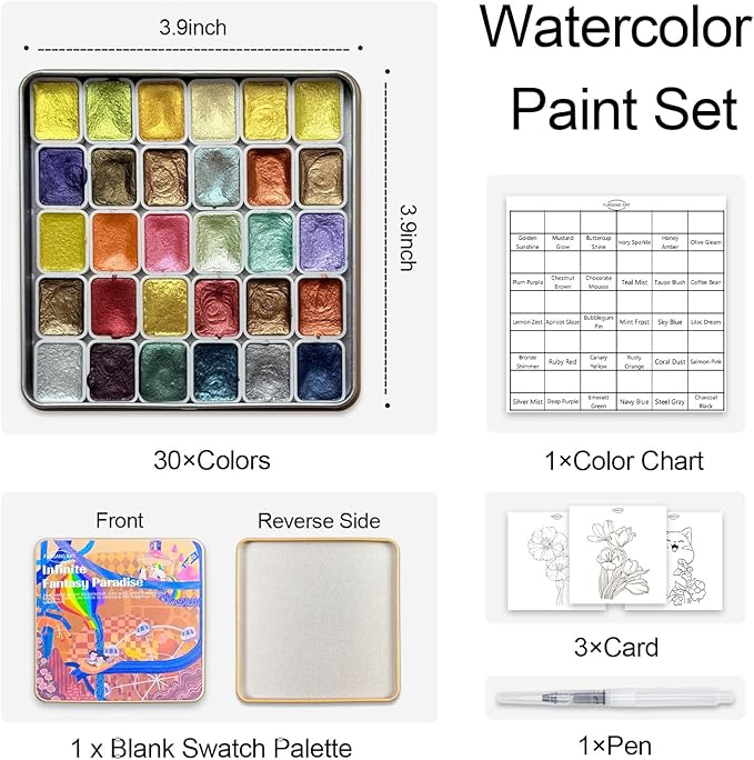 Glitter Watercolor Painting Kit,30 Color Shifting Watercolor Paint Set, Metallic Watercolor Paints, Solid Water Colors Paint Adult Set, Detail Paint Brush Included, for Artists