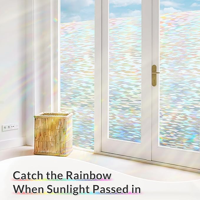 rabbitgoo Window Privacy Film with Installation Tools, Stained Glass Window Film Rainbow Prism Decorative Glass Clings for Home Decor, Static Cling Covering Sun Blocking, 17.5" x 157.4"