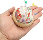HARFINGTON Pin Cushion Wooden Base Japanese Style Round Pincushion Needle Holder for Sewing Quilting Needlework DIY Crafts, White Floral Style