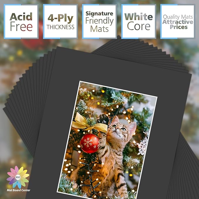 Mat Board Center, Pack of 25, 8x10 for 5x7 Black Mats - Acid Free, 4-ply Thickness, White Core - for Pictures, Photos, Framing