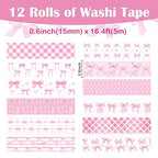 12 Rolls Pink Bow Washi Tape, Bowknot Plaid Adhesive Masking Tapes Decorative Pink Coquette Paper Tape for Scrapbook Journal Planners DIY Art Crafts Gift Wrapping 16.4FT