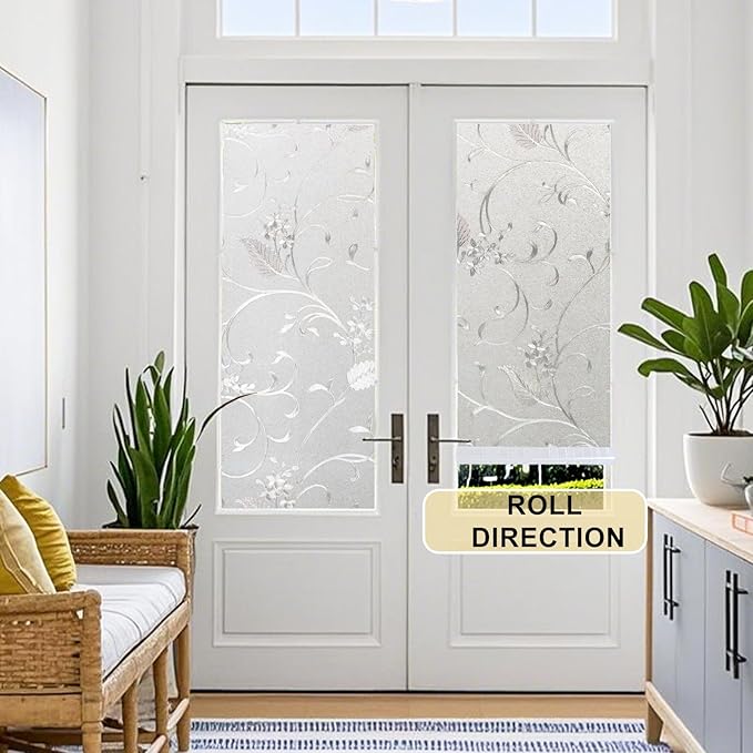 Window Privacy Film Decorative for Front Door, Bathroom Static Cling Stained Glass Sticker Opaque Heat Control UV Blocking Non-Adhesive for Home Windows,Horsetail