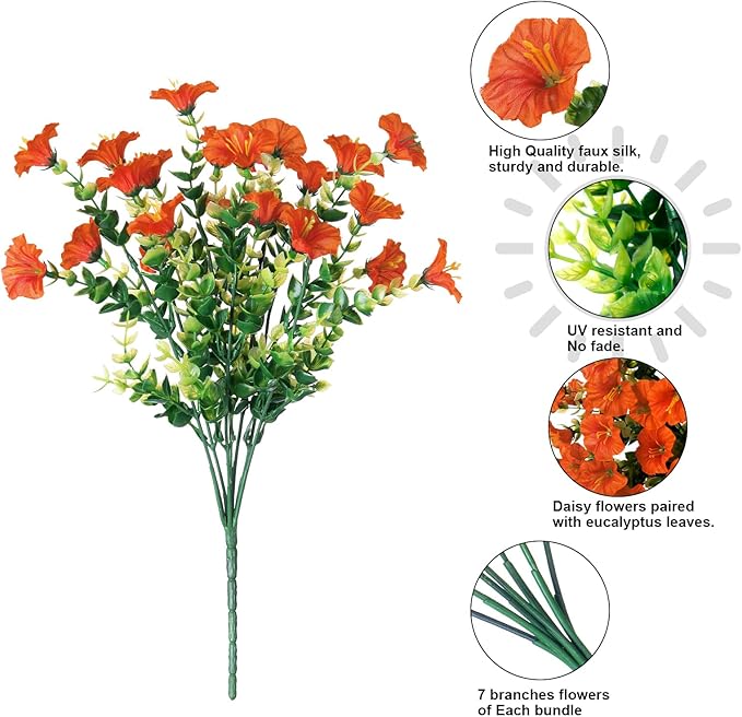Fake Fall Flowers Artificial Flowers Plants for Outdoors Autumn Decoration, 12 Bundles Orange Silk Morning Glory with Eucalyptus Realistic UV Resistant Faux Flower Greenery for Outside Yard Garden