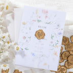 UNIQOOO 50 Sets Pre-Folded Vellum Jackets for 5x7 Invitation & Gold Eucalyptus Wax Seal Stickers, Wedding Invitations Wraps Bulk for Wedding Bridal Baby Shower Envelopes