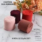 TONIFUL 4 Rolls Silk Chiffon Ribbon, 1-1/2 Inch x 22yds, Red Chiffon Ribbons Set, Handmade Fringe Silk Ribbon for Gift Wrapping Bridal Bouquets Wedding Invitations Decoration Crafts