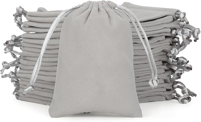 Velvet Drawstring Jewelry Bag, 50Pcs Grey Coin Pouch, 3x4 Dice Bag, for Wrapping Halloween Party Favors or Gifts for Friends, Small Bussiness, Palm Crosses, Necklaces, Bracelet