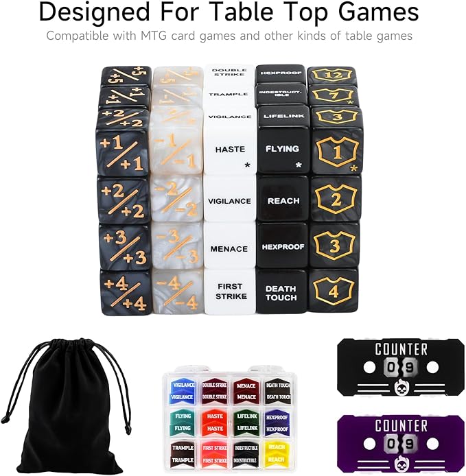 SIXPOINTS 122Pcs MTG Dice Counters Keyword Counters Life Counter 1/+1 counters Commander Buff Tokens 6 Sided Dice Set for Magic The Gathering, MTG, TCG, Card Games Accessories (A-122PCS/SET)