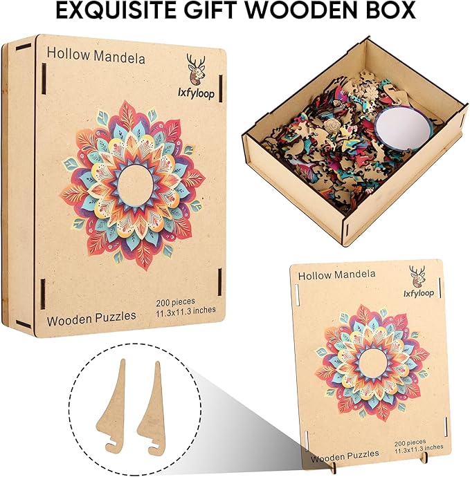 Wooden Puzzles for Adults, Hollow Mandala Wooden Jigsaw Puzzles 200 Pieces, Unique Design Adult Puzzles, Family Brain Game Gift, 11.2x11.3 inch