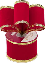 MEEDEE Red Velvet Ribbon 2.5 Inch With Gold Greek Key Edge - 10 Yards Wired Christmas Ribbon for Tree Decoration, Topper Bow, Garland