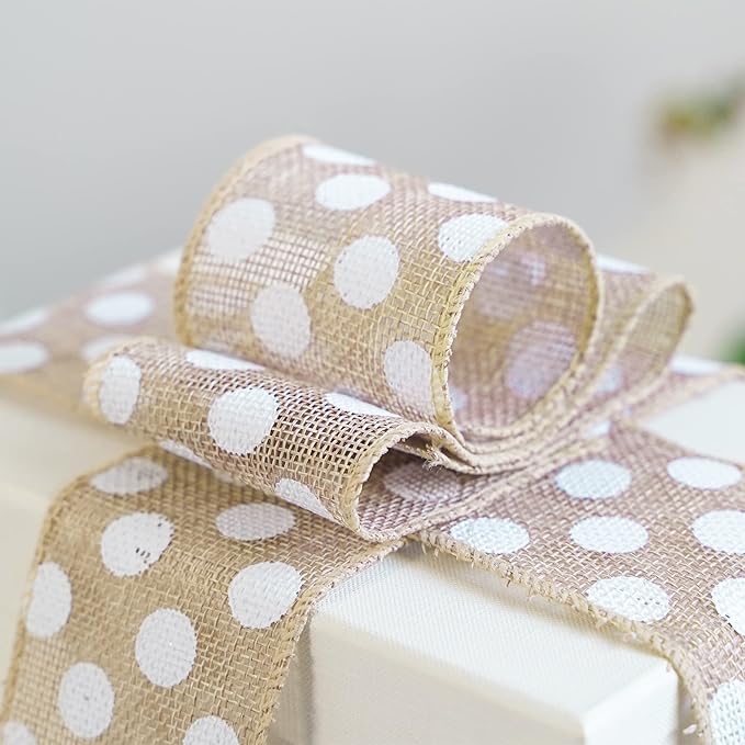 MEEDEE Burlap Ribbon with White Polka Dots - 2.5 Inch Natural Linen Wire Edge Craft Ribbon for Baby Shower, Beach, Farmhouse Gift Basket, 10 Yards