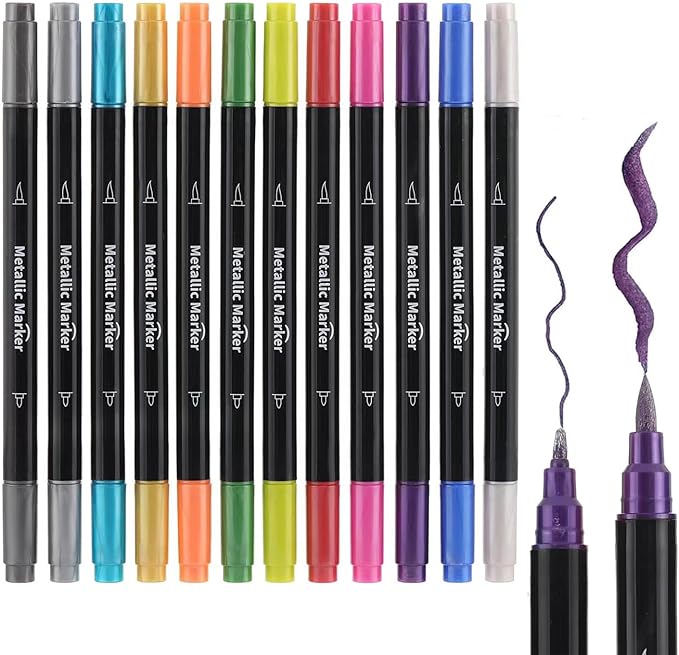 Colourcolor Pack of 12 Metallic Marker Pens - Dual Tip Brush & Fine Point Pens for DIY Album, Black Cards, Rock Painting, Card Making, Scrapbooking, Fabric, Metal, Ceramics, Wine Glass