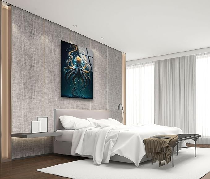 My Photostation.com 30Wx35.5H'' Underwater Blue Octopus Glass Wall Art Tempered Glass Printing Wall Decor Large Wall Art Wall Hangings