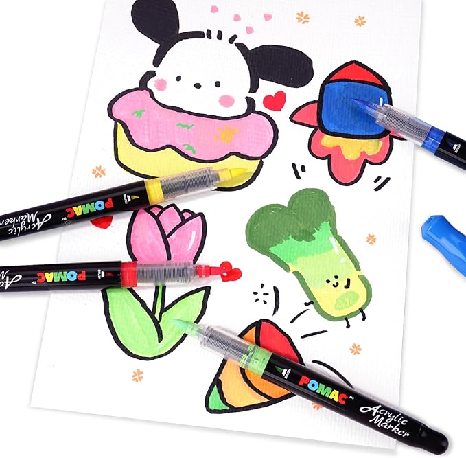 POMAC 60 Colors Acrylic Paint Markers, Water-Based Acrylic Pens Brush Tip, Art Drawing Liquid Paint Pens for Fabric, Canvas, Rock, Glass, Wood, Paper, DIY Crafts and Art Supplies