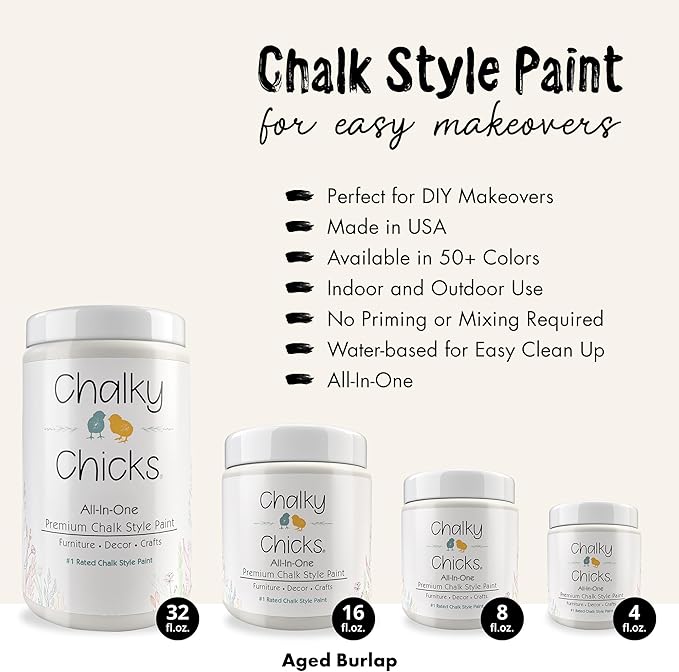 Chalky Chicks All-in-One Chalk Paint for Furniture or Cabinet - 32 Fl Oz - Matte Finish Aged Burlap White for Metal, Wood Furniture Paint - No Sanding All-in-One for Home Decor & Crafts, USA Made