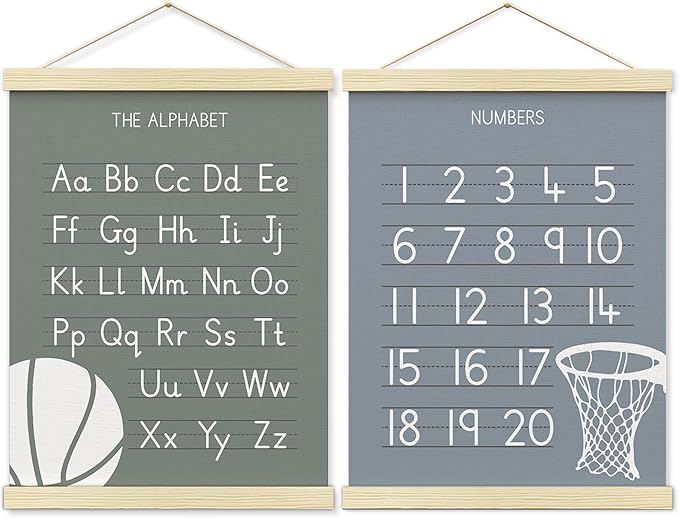 BONETAT Numbers alphabet poster for Nursery Toddlers,Correct Letter Formation on Line Paper, Play Room Wall Decor,ABC Wall Chart,Preschool Homeschool Decor Kids Wall Decor,Wooden Alphabet Banner-A10