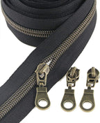 Leekayer #5 Antique Brass Metallic Nylon Coil Zippers by The Yard Bulk 10 Yards Black Zipper Tape with 25pcs Brass Sliders for DIY Sewing Tailor Craft Bag (Black)