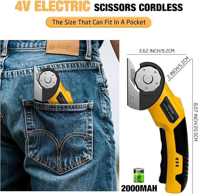 Cordless Electric Scissors: 4V Rechargeable Cardboard Cutter, 3 Blades, Safety Lock & LED Light, Box Cutter for Carton Carpet Plastic Fabric Leather(Yellow）