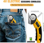 Cordless Electric Scissors: 4V Rechargeable Cardboard Cutter, 3 Blades, Safety Lock & LED Light, Box Cutter for Carton Carpet Plastic Fabric Leather(Yellow）