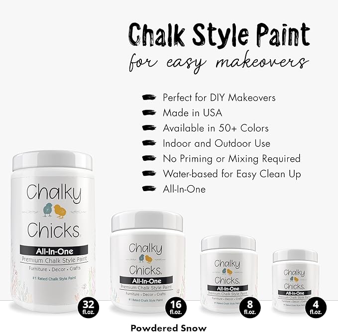 Chalky Chicks All-in-One Chalk Paint for Furniture or Cabinet -4Fl Oz- Matte Finish Powdered Snow (Pure White) for Metal, Wood Furniture Paint - No Sanding All-in-One for Home Decor & Crafts, USA Made