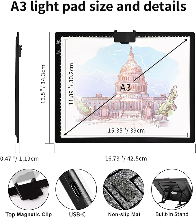 Rechargeable A3 Light Pad for Diamond Painting,Tracing Light Box with Stand and Clip,3 Colors Stepless Dimmable and 6 Levels of Brightness Light Board for Artists,Drawing,Sketching,Animation
