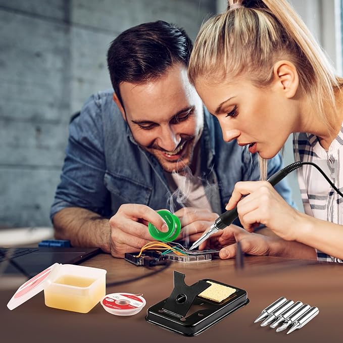 Soldering Iron Kit, 100W LED Digital Solder Gun kits with Ceramic Heater, Adjustable Temperature Welding Tools with Tips, Wick Braid, Stand, Solders Wire, Sponge, Flux Paste, Black