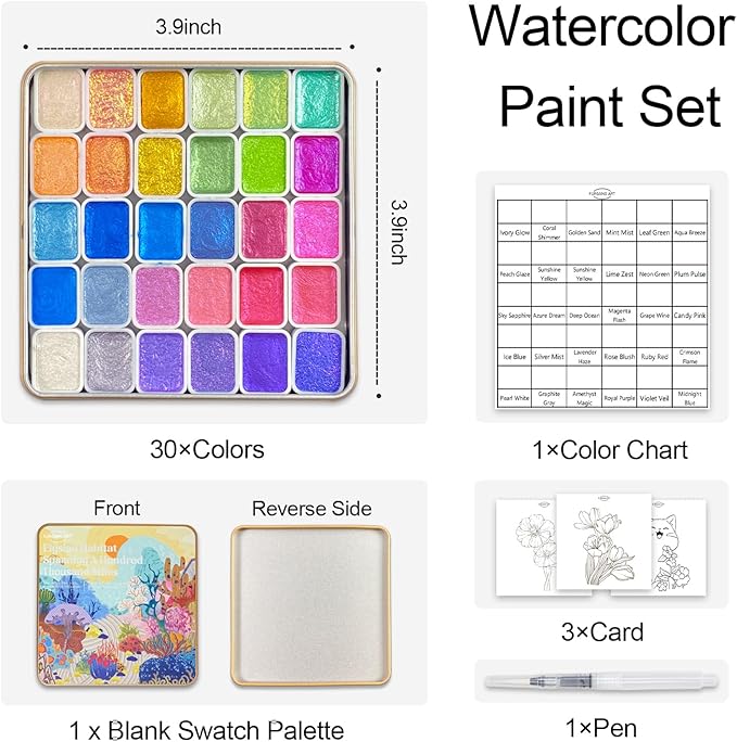Mini Shifting Watercolor Paint Set, 30 Color Glitter Watercolor Painting Kit, Metallic Watercolor Paints, Solid Water Colors Paint Adult Set, Detail Paint Brush Included, for Artists
