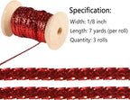 Red Thin Ribbon 1/8 inch Metallic Braided Double Faced Ribbons Curling Ribbons for Balloon String Crafts Gift Wrapping Party Wedding Christmas Ornaments Decoration 7 Yard x 3 Rolls