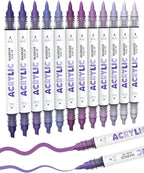 Guangna 12 Purple Dual Tip Acrylic Paint Markers, Brush Tip & Chisel Tip Acrylic Paint Pens for Rock, Wood, Glass, Paper, Coloring Book, Ceramic, Canvas, Water-Based Ink