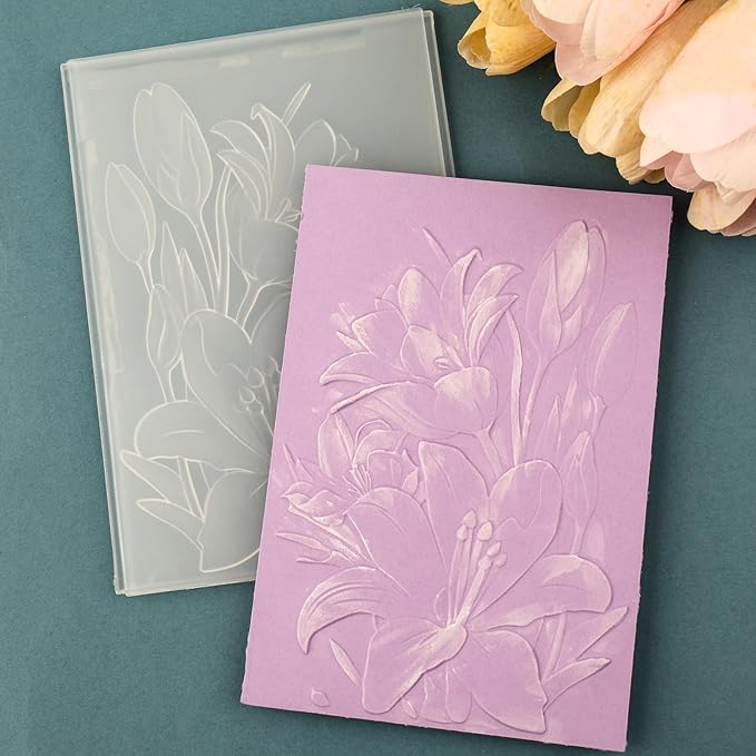 BAOFALI 3D Embossing Folder for Card Making,Lily Flowers Clear Plastic Texture Fades Embossing Folder Template for Scrapbooking and Other Paper Craft Album Stamps DIY Decoration 6.3" L x 4.5" W