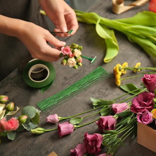 PATIKIL 22 Gauge 16" Floral Stem Wire, 100 Pcs Paper Wrapped Iron Artificial Flower Stem Accessories for DIY Bouquet Stem and Craft Decoration, Light Green