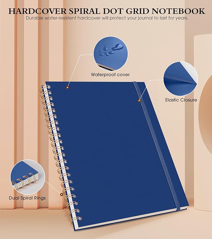 Dotted Notebook, Spiral Notebook Journal 8.5” x 11”, A4 Large Dot Grid Notebooks for Women Men, 100 GSM Dotted Paper, Plastic Hardcover Spiral Bullet Journals for Work School Sketching, Navy