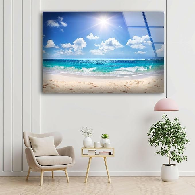 My Photostation.com 30Wx24H'' Summer Beach Landscape Glass Wall ArtTempered Glass Printing Wall Decor Large Wall Art Wall Hangings