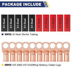 haisstronica 10pcs 1/0 AWG - 1/2" (M12) Battery Cable Lugs, Heavy Duty Copper Wire Lugs with 10pcs 3:1 Adhesive Heat Shrink Tubing,0 Gauge Wire Connectors Battery Terminal Connector,Battery Cable Ends