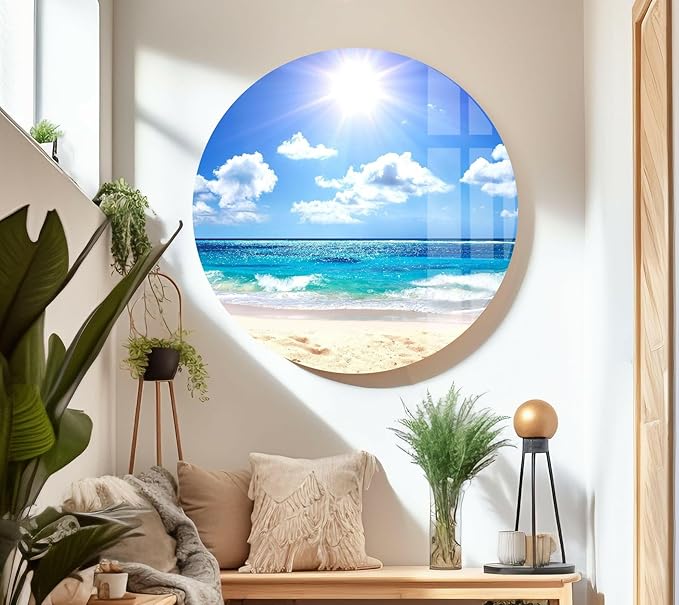 My Photostation.com 20Wx14H'' Summer Beach Landscape Glass Wall ArtTempered Glass Printing Wall Decor Large Wall Art Wall Hangings