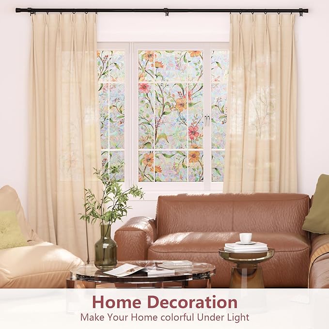 NINETREX Window Privacy Film,Stained Glass Window Film,Rainbow Decorative Stickers Static Cling Anti UV Heat Control for Home Decor (Galsang Flower,35.4 x 78.7inch)