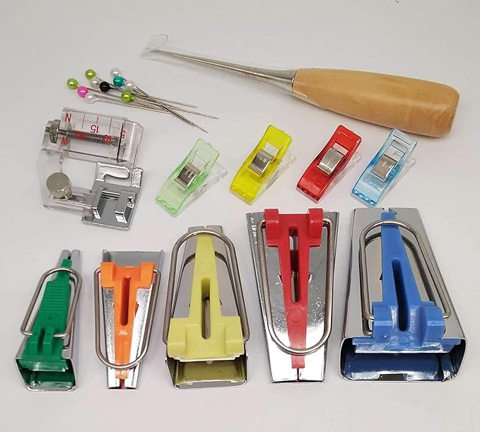 HONEYSEW Single Double Fold Bias Tape Maker Tool Kit Set Fabric Jelly Roll Sasher Tool Set Tools Folding Fabric and Biasing Strips 15sizes