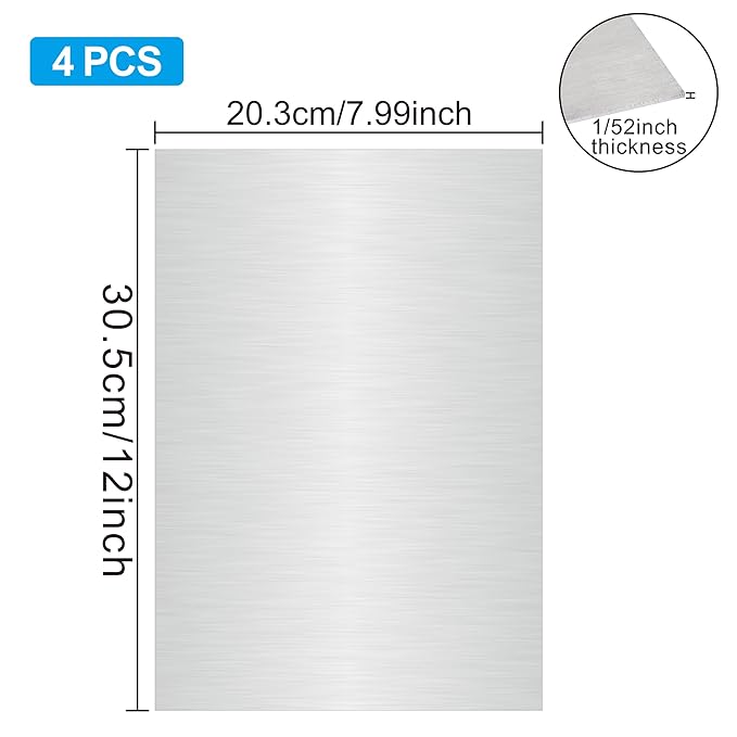 4PCS 8"x12"x1/52 Stainless Steel Metal Plates for Magnetic Mount Board Wall,Tickness 0.5mm 430 Stainless Steel Shim Stock Plates for Crafting, Kitchen, Office