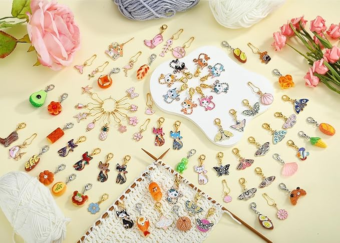BEEFLYING 16Pcs Fish Stitch Marker Charms for Crocheting and Knitting, 8 Styles Alloy Enemal Crochet Knit Stitch Marker Pendant with Removable Clasp for Knitting Crocheting Accessories