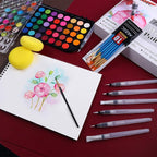 Watercolor Paint Set, 48 Color Watercolor with 10 PCS Nylon Brushes,6 PCS Refillable Water Brush Pen, 10 Page Pad(A4) and 2 PCS Art Sponges. Watercolor Paint set for Adults,Children and Beginners.