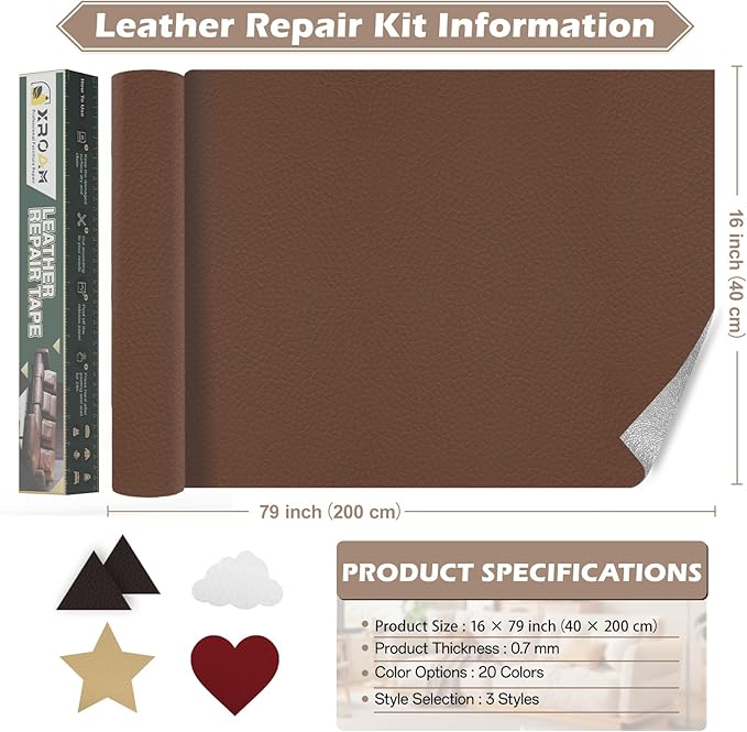 Leather Repair Tape, 16x79 inch Leather Patches for Furniture, Self Adhesive Leather Repair Patch for Sofas, Couches, Leather Covers, Seats, Chairs, Vinyl Repair Tape Light Gray
