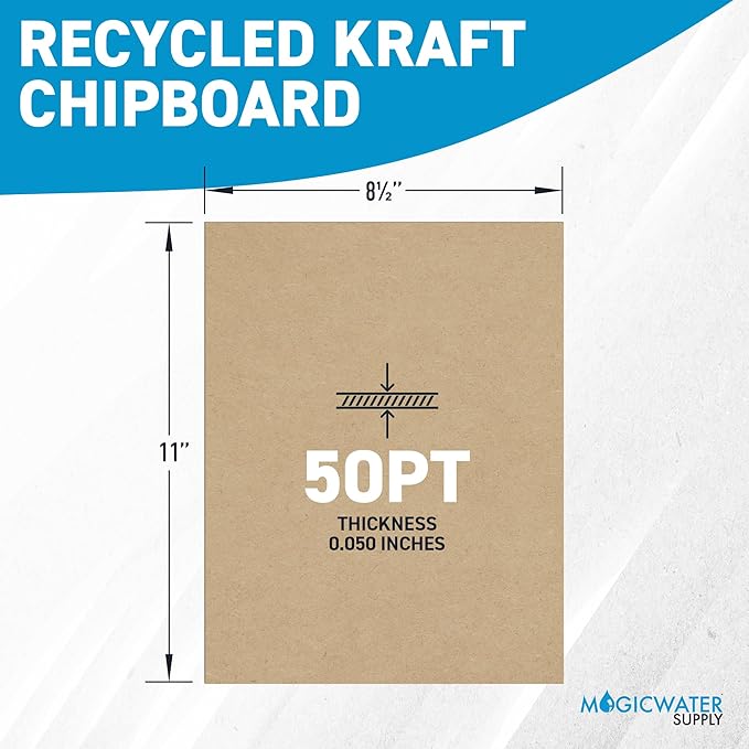 MagicWater Chipboard Sheet for DIY Projects - 8.5x11 Inch - 100 Pack - 0.050 Inch Thick - Heavy Duty Kraft Paperboard, Ideal for Scrapbooking, Books, Picture Frame Backing, Arts Project & Crafts