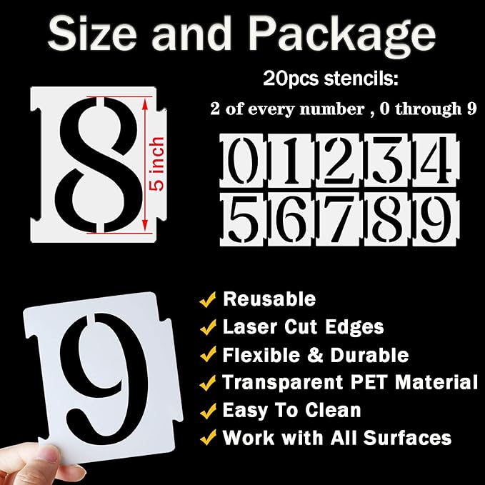 YEAJON 5 Inch Curb Stencil Kit 0-9 Address Number Stencils, 20Pcs Reusable 14 Mil Mylar Plastic Templates for Painting on Road, Wall, Wood, Mailbox