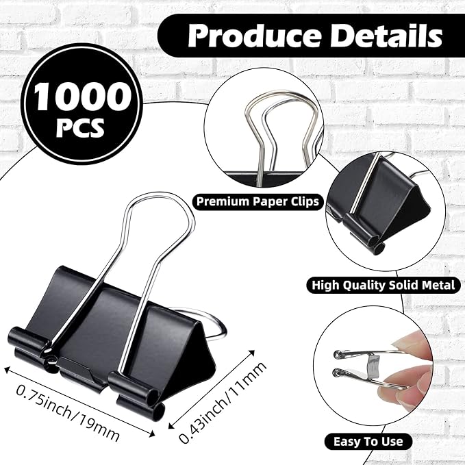 Yexiya 1000 Pcs Binder Clips Bulk Assorted Sizes Black Paper Clips Small Binder Clips Office Clips Bulk Mini Paper Clamps Multi Sizes for School Teachers Office Supplies (0.75 Inch)