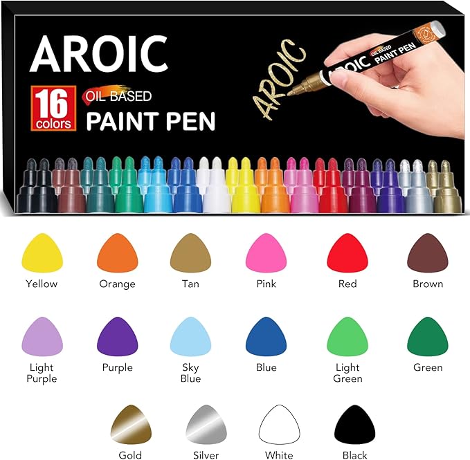 AROIC Paint Pens Paint Markers, 16 colors Oil-Based Waterproof Painting Marker Pen Set On Rock, Wood, Fabric, Metal, Plastic, Glass, Canvas, Mugs, Waterproof, DIY Craft and More