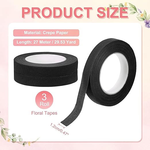 MECCANIXITY 3 Rolls Floral Tapes, 30 Yard x 1/16 in Florist Crepe Flowers Bouquets Tape Adhesive Waterproof for Flower Arranging Wrapping, Black