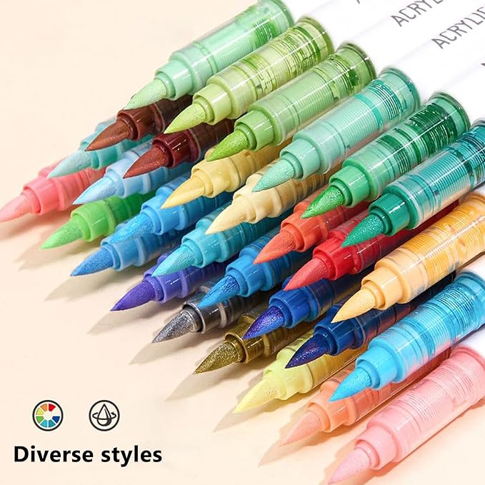 Water Based Acrylic Paint Markers, 9 Colors Acrylic Paint Pens Set with Soft Brush Tip, Marker Pen for Rock Painting, Egg, Wood, Glass, Paper, Acrylic Painter Ink (Dopamine Series-2)